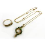 A gold 's' link and bead necklace marked 375 with an emerald pendant, (pendant tested as