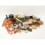 Two boxes of sundries, compacts, oriental bits and pieces, early 20th century ivory box (a/f)