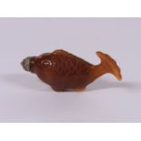 An agate snuff bottle, 20th century, in the form of a carp, 8cm high