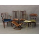 An Edwardian mahogany elbow chair, a gilt metal salon chair, gout stool, and three other chairs (6)