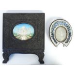 Miniature on ivory of the Taj Mahal, in hardwood frame, and a small micro-mosaic frame, 15cm high