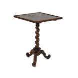 A Victorian rosewood games table, the square top with a printed chequerboard over a turned column,