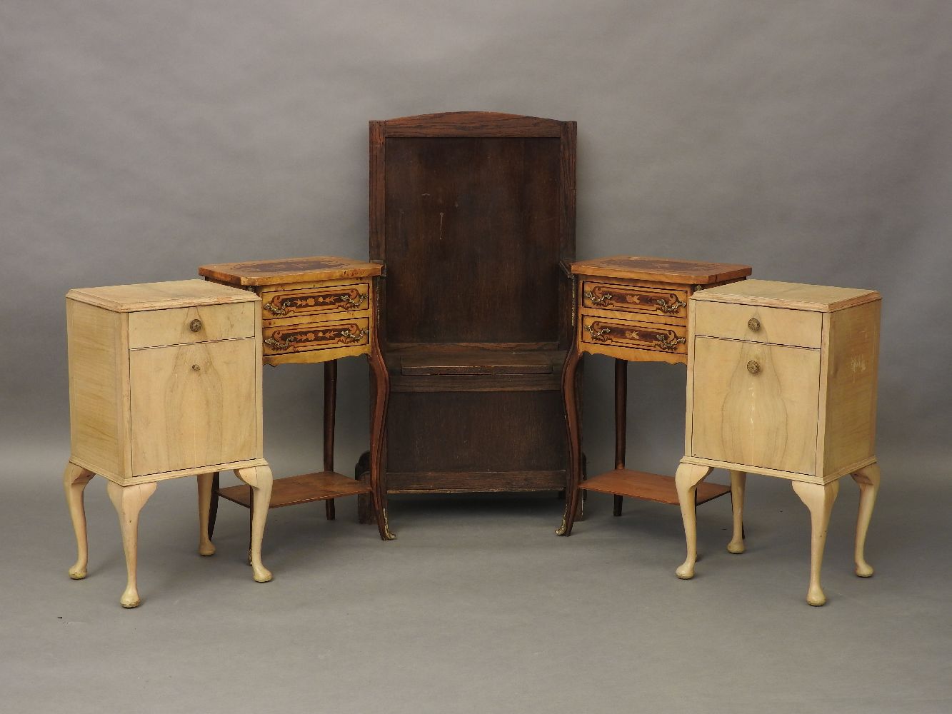 Two pairs of inlaid side tables, and an oak hall bench