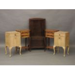 Two pairs of inlaid side tables, and an oak hall bench