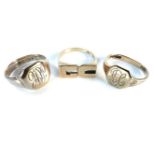 Two 9ct gold signet rings, and a gold initial ring, marked 9ct, 13.45g