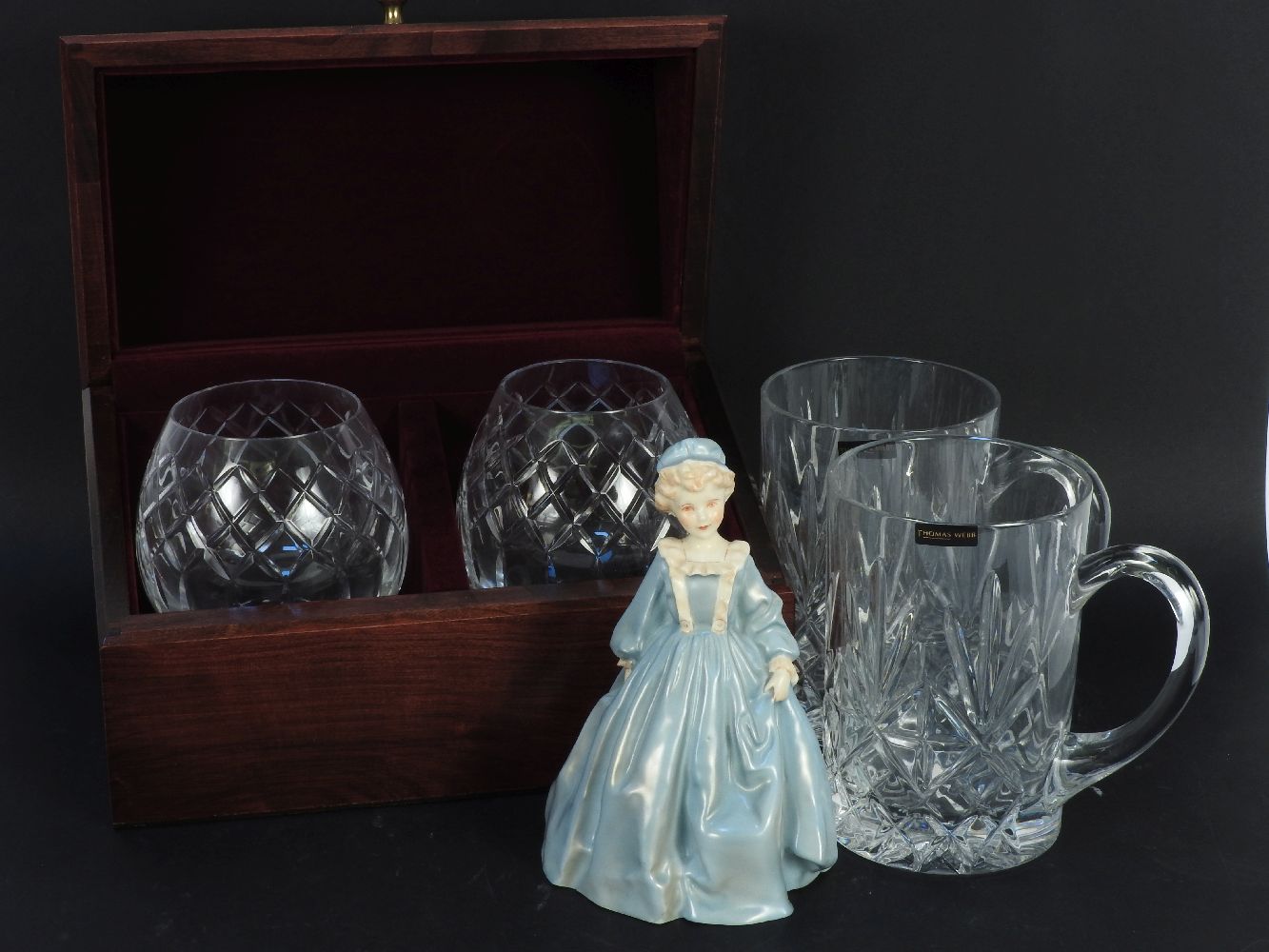 A boxed pair of Cartier cut glass brandy glasses, two Webb tankards and a Royal Worcester '