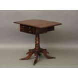 A George mahogany pedestal work table, with two drawers, on downswept supports
