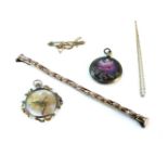 A 9ct gold watch strap, a gold single pearl bar brooch, marked 9ct, a gold picture locket, with