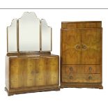 A walnut three-piece bedroom suite, 1950s, each piece with cast flower head handles, comprising:a