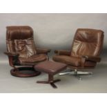 A brown reclining chair and stool, and a further brown revolving chair