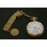 A rolled gold open faced pocket watch, with white enamel dial and Arabic numerals attached with