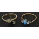 A gold reconstituted turquoise cabochon and diamond ring, marked 18ct and plat, and a gold