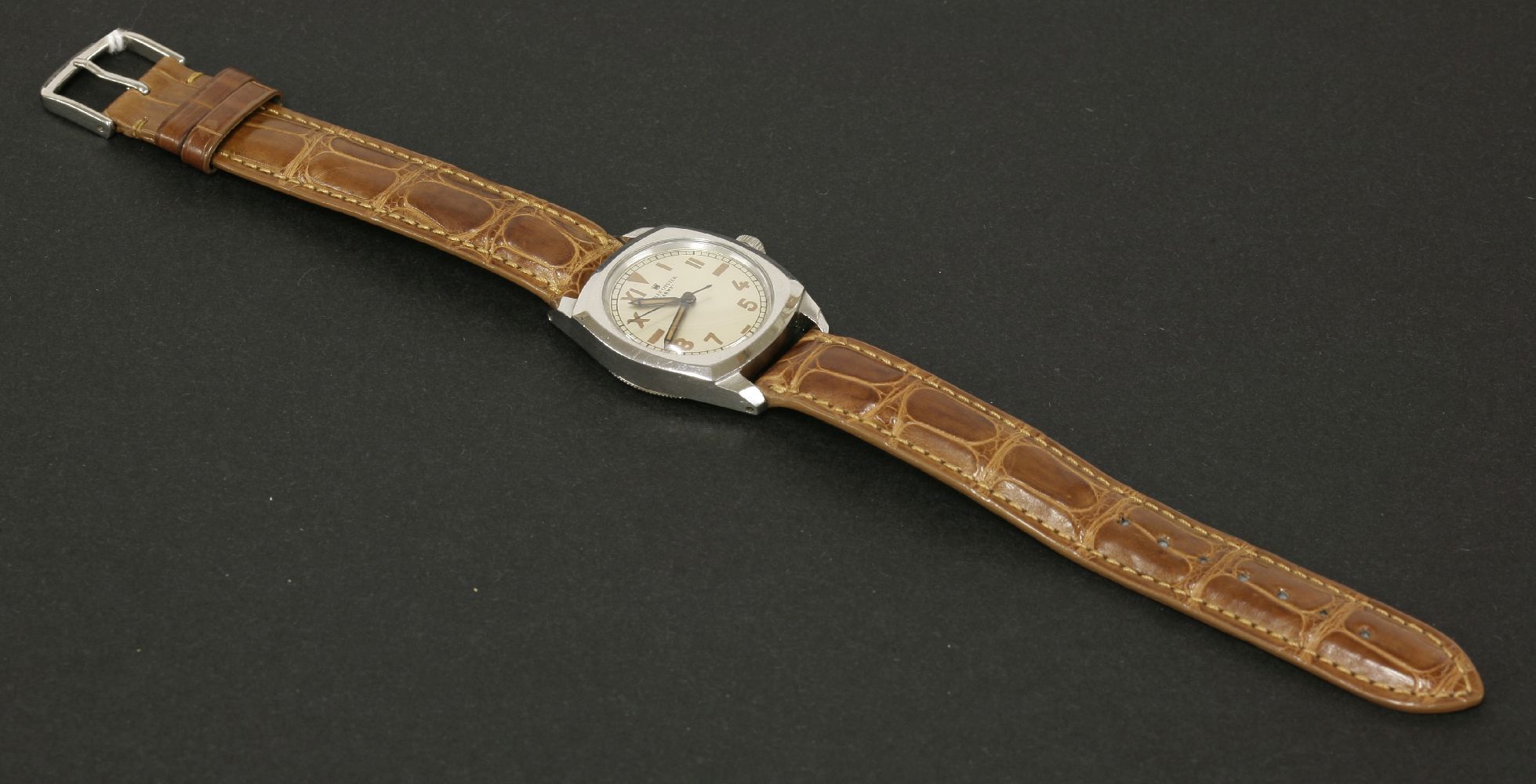 A gentleman's stainless steel Rolex Oyster 'Army' issue mechanical strap watch, c.1943. Circular