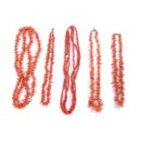A quantity of mostly twig coral necklaces and loose beads, to include a three row round coral bead