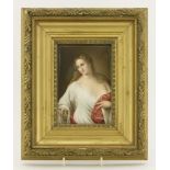 A German porcelain plaque, 19th century, probably KPM, half length portrait of a young woman in a