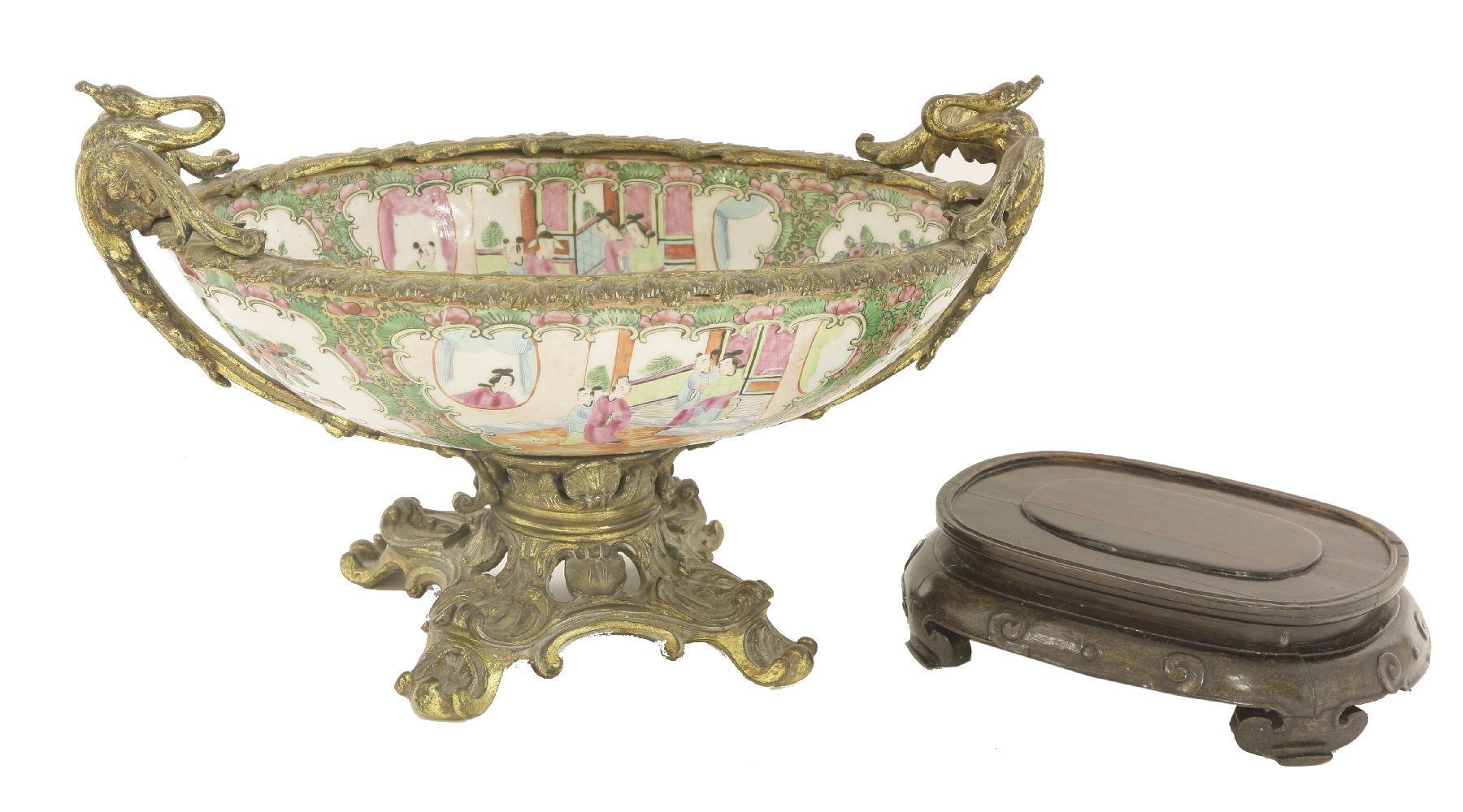 A Canton porcelain and ormolu centrepiece,late 19th century, brightly decorated, the mounts cast