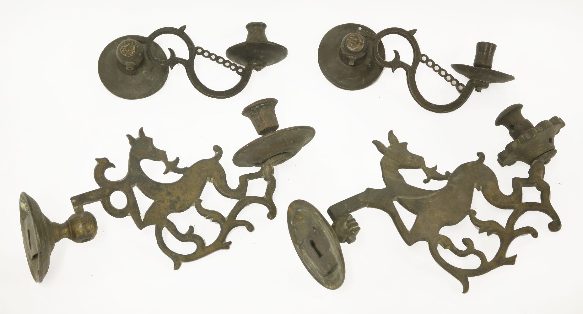 Two pairs of cast wall lights,18th century, one pair with each branch modelled as a deer with