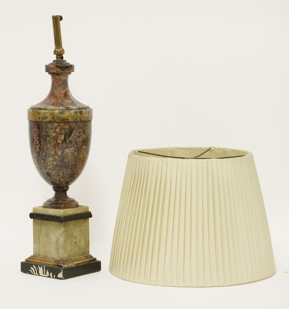 A Blue John and marble urn,19th century, on a square plinth and marble base, now a table lamp, urn - Image 2 of 2