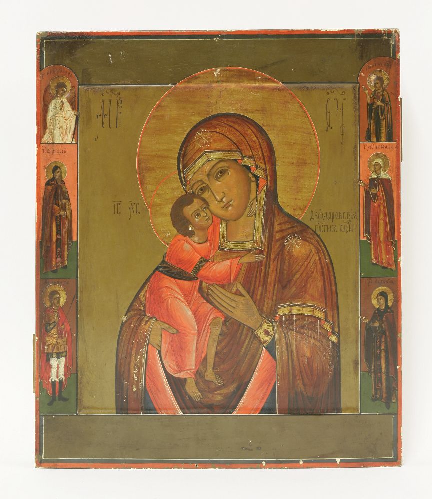 A Russian Feodorovskaya Icon of the Mother of God,with six adorned saints to the border, together