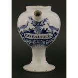 A Dutch Delft blue and white wet drug jar,'O ROSACEUM.', painted underglaze blue 'P' to base,20cm