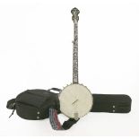 A wildwood mother-of-pearl inlaid maple minstrel banjo, five-string with Remo Fibreskyn, in