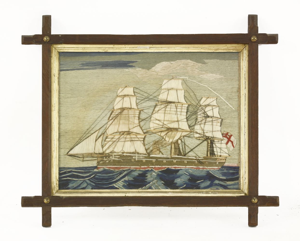 A Victorian needlework of a three-masted steam yacht in full sail, image 35 x 45cm, in an oak frame