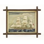 A Victorian needlework of a three-masted steam yacht in full sail, image 35 x 45cm, in an oak frame