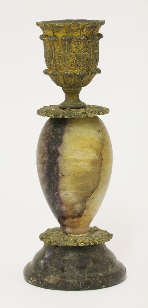 A Blue John candlestick, 19th century, the ovoid body and turned base supporting an ormolu sconce,