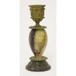A Blue John candlestick, 19th century, the ovoid body and turned base supporting an ormolu sconce,