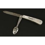 An early 20th century silver and mother-of-pearl handled folding twin fruit knife and patent