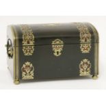 A French ebonised tortoiseshell and brass inlaid casket,the dome top over a plain interior, on brass