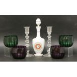 An opaline glass decanter and stopper,19th century,31.5cm high,a pair of glass candlesticks,with