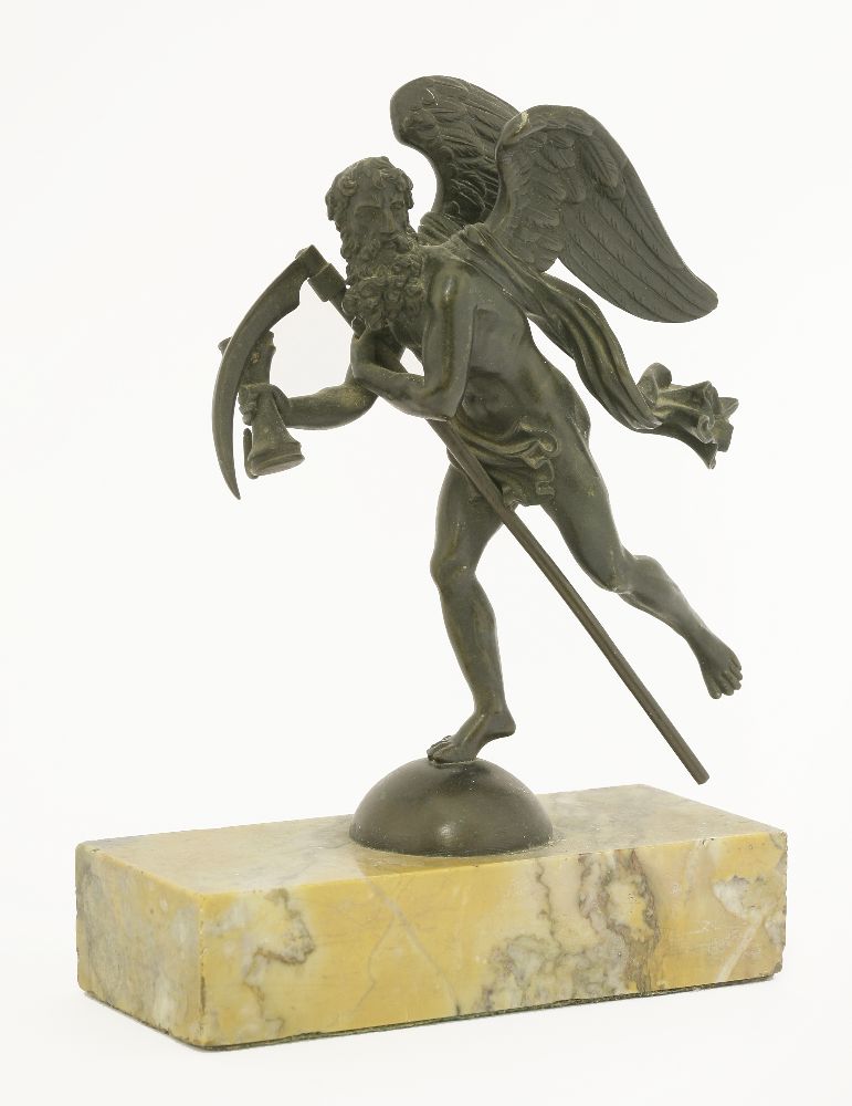 A bronze watch stand, early 19th century, in the form of Old Father Time, on a sienna marble