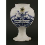 A Dutch Delft blue and white wet drug jar,'O. AMYGD: AMAR:', painted underglaze blue 'P' to base,