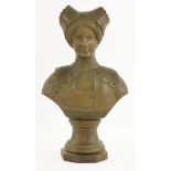 A Flemish carved oak bust,modelled as a lady wearing a lace headpiece,46.5cm high