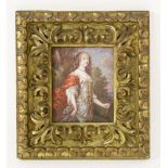 A portrait of Henrietta Maria, wife of Charles I, after Van Dyck, holding a bow, enamel on copper,