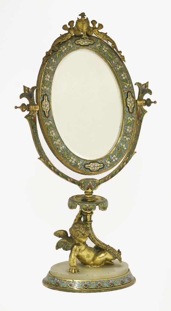 A French alabaster and champlevé mirror,the bevelled edge, oval mirror surmounted with female