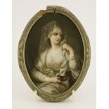 A German porcelain plaque, 19th century, with a portrait of a veiled woman, collector's label