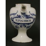 A Dutch Delft blue and white wet drug jar,'S. ZINGIBER', painted underglaze blue mark to base,20cm