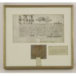 An Elizabeth I vellum Royal Pardon and seal,dated 21st March 1593/4, reprieving Robert Molyneux