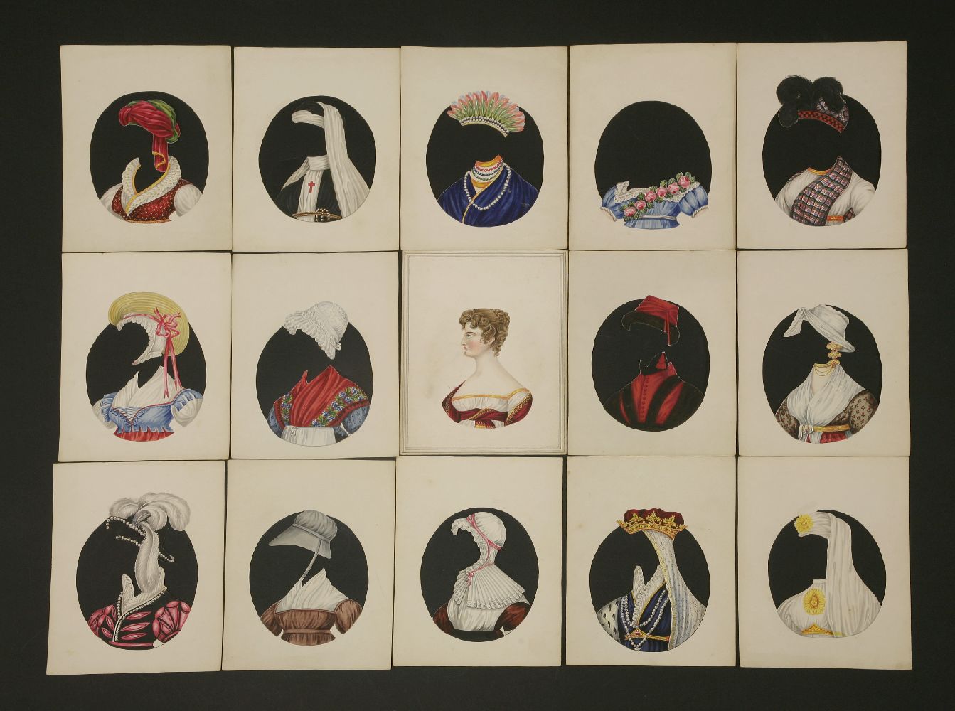 A Regency hand-painted card game, a profile portrait of Emily M J Cooper, dated March 17th 1825,