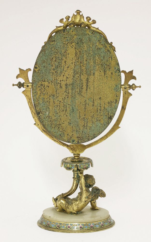 A French alabaster and champlevé mirror,the bevelled edge, oval mirror surmounted with female - Image 2 of 2