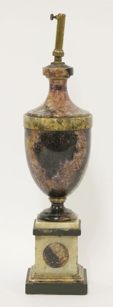 A Blue John and marble urn,19th century, on a square plinth and marble base, now a table lamp, urn