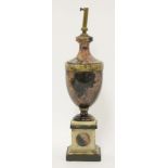 A Blue John and marble urn,19th century, on a square plinth and marble base, now a table lamp, urn
