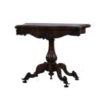A Victorian serpentine fronted rosewood card table, the fold over top opening to reveal red baise