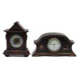 Two Edwardian mantel clocks: one with 'Chinese' decoration, the other oak.Tallest 23cm