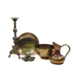 A collection of mixed brass and copper wares, including a bowl enamelled with flower head prints and