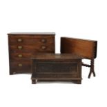 An oak coffer, 91cm wide, a 19th century chest of drawers, 92cm wide, and a Victorian Sutherland