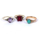 A gold turquoise cabochon stone ring, marked 15ct, a baguette cut synthetic spinel ring with