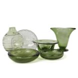 A Clyne Farquharson 'leap' clear glass bowl, 25cm diameter, green tinted wares, two large